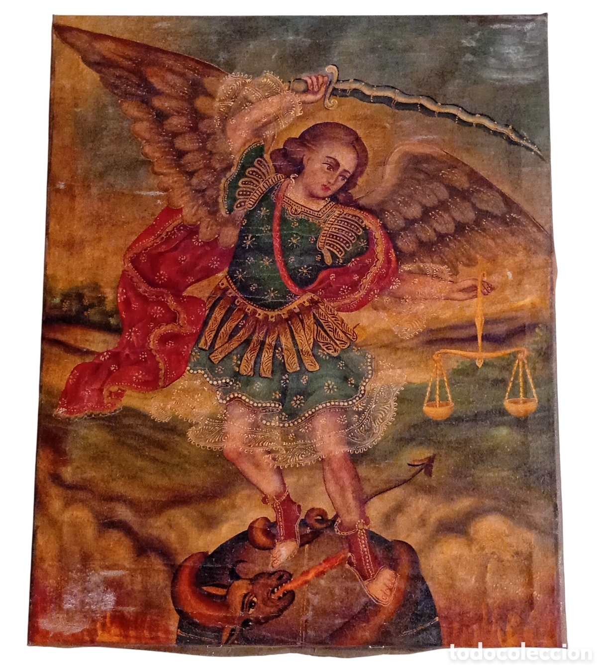 Arte: Antiguo oleo San Miguel Arcangel, escuela cuzque&ntilde;a