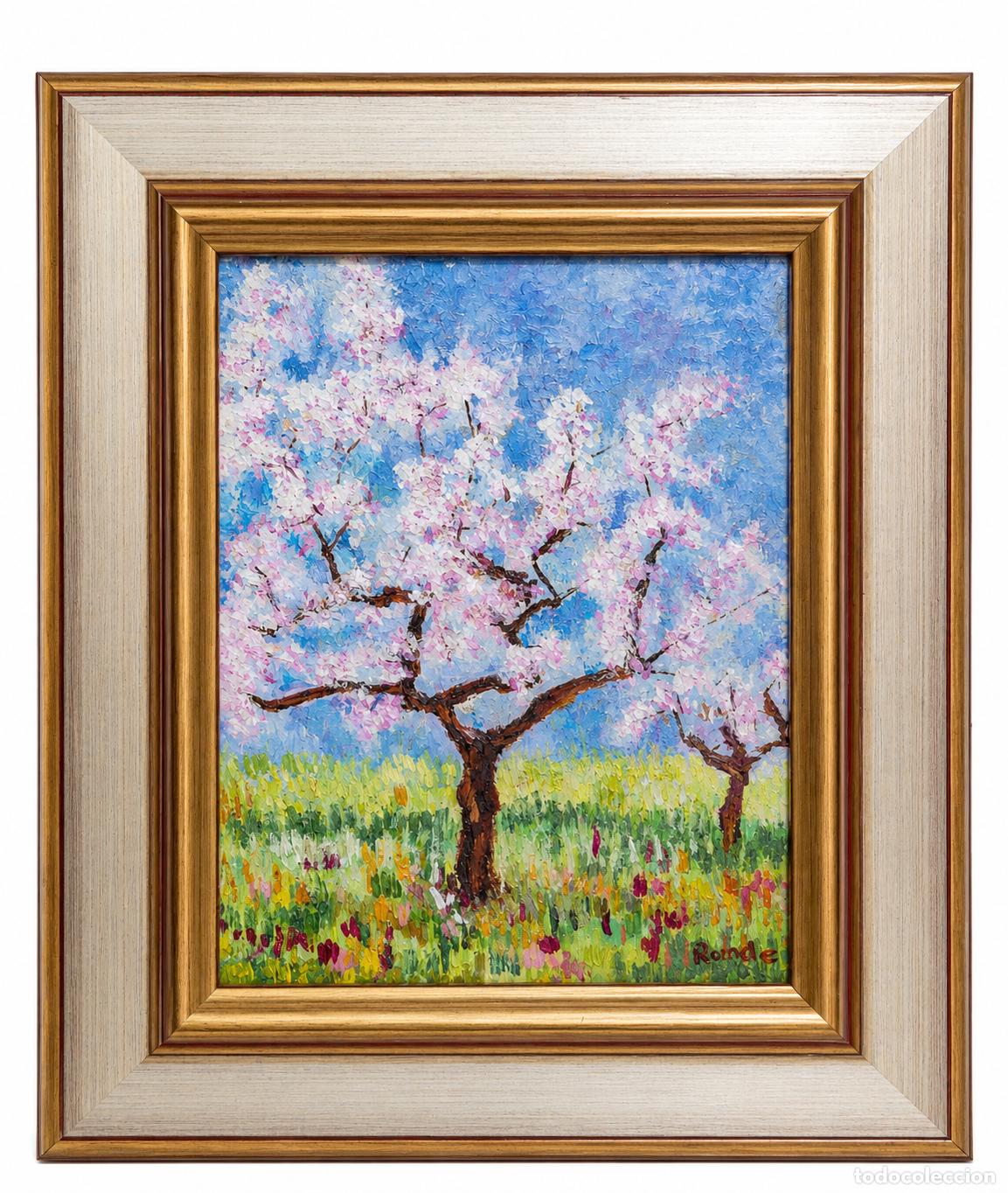 Arte: Pintura al &Oacute;leo Estilo Impresionista - Paisaje Primaveral con Almendros en Flor - Firma Runde