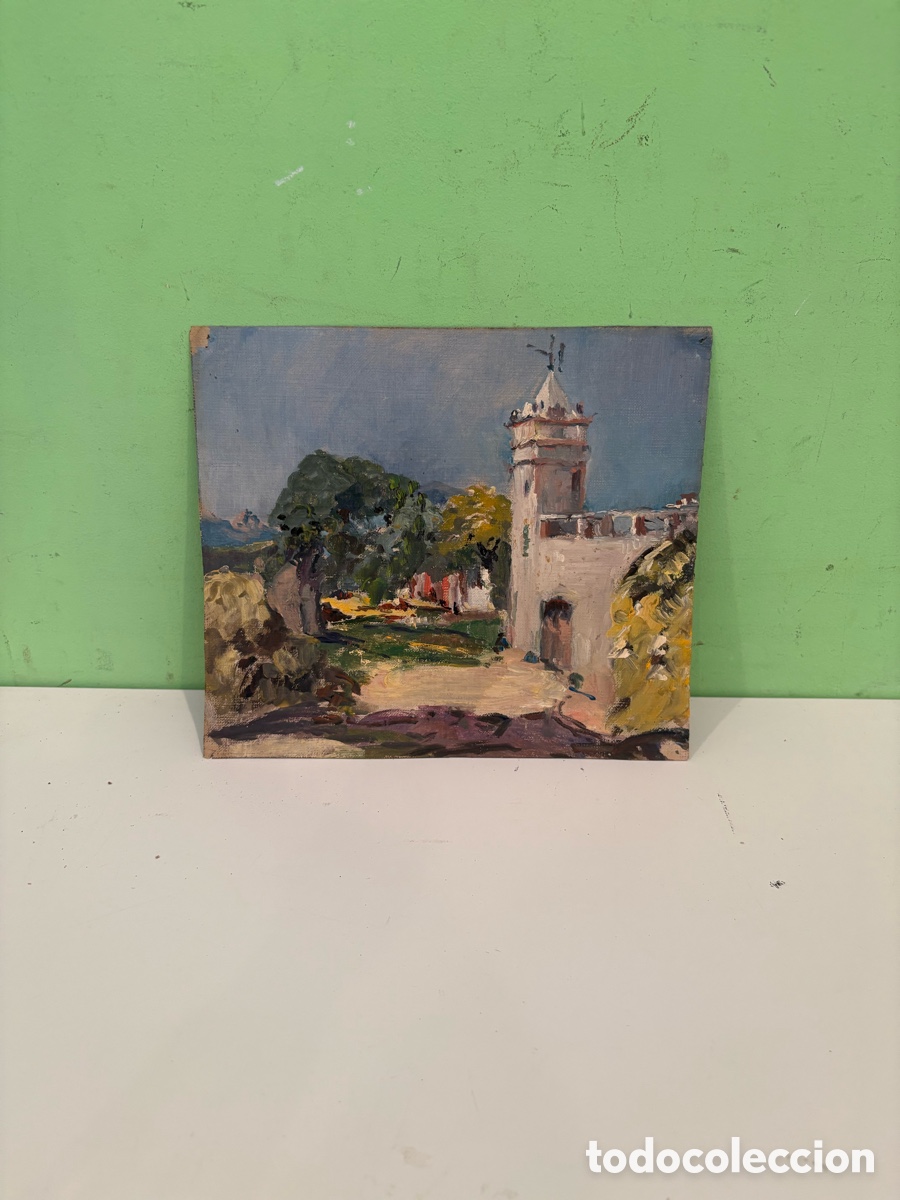 Arte: Arturo Mart&iacute;nez Cabezas (1899) &oacute;leo sobre tablex paisaje con torre.