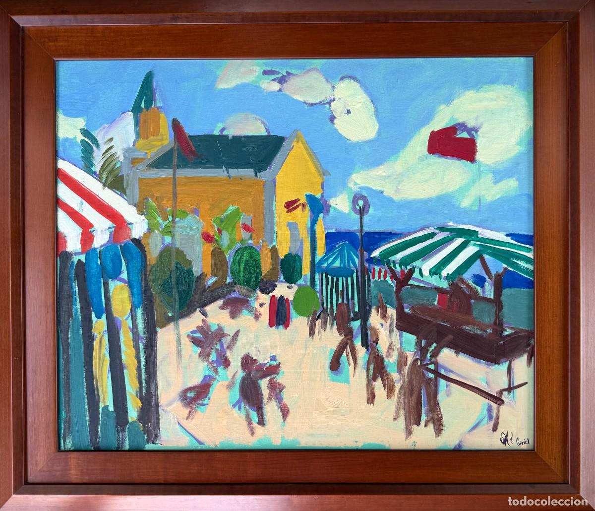 Arte: Elisabeth Oll&eacute; Curiel &ndash; La Playa &ndash; escena mediterr&aacute;nea fauvista con terrazas y figuras