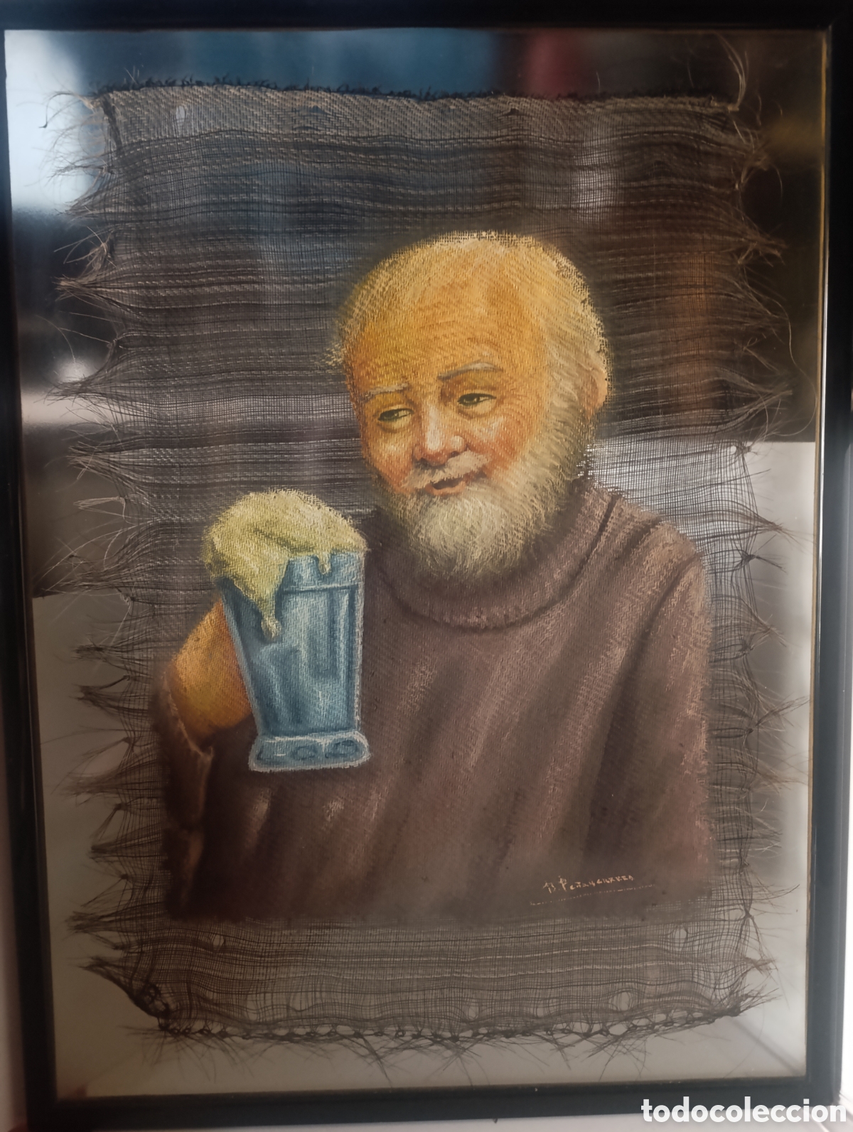 Arte: &Oacute;leo Pintura R&uacute;stica sobre Gasa Calada - Monje con Cerveza - 59x45 cm