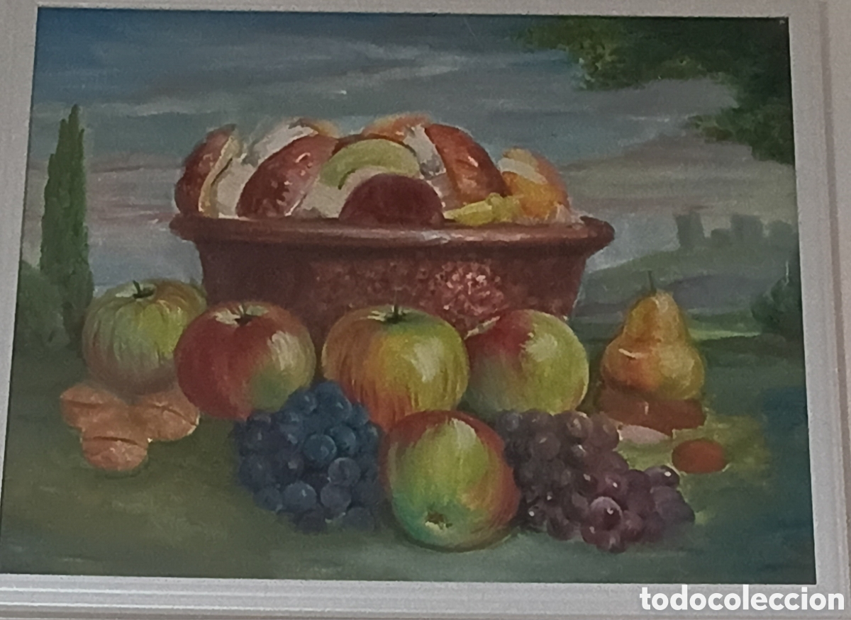 Arte: pintura al &oacute;leo sobre lienzo que representa un bodeg&oacute;n con un cuenco de fruta variada