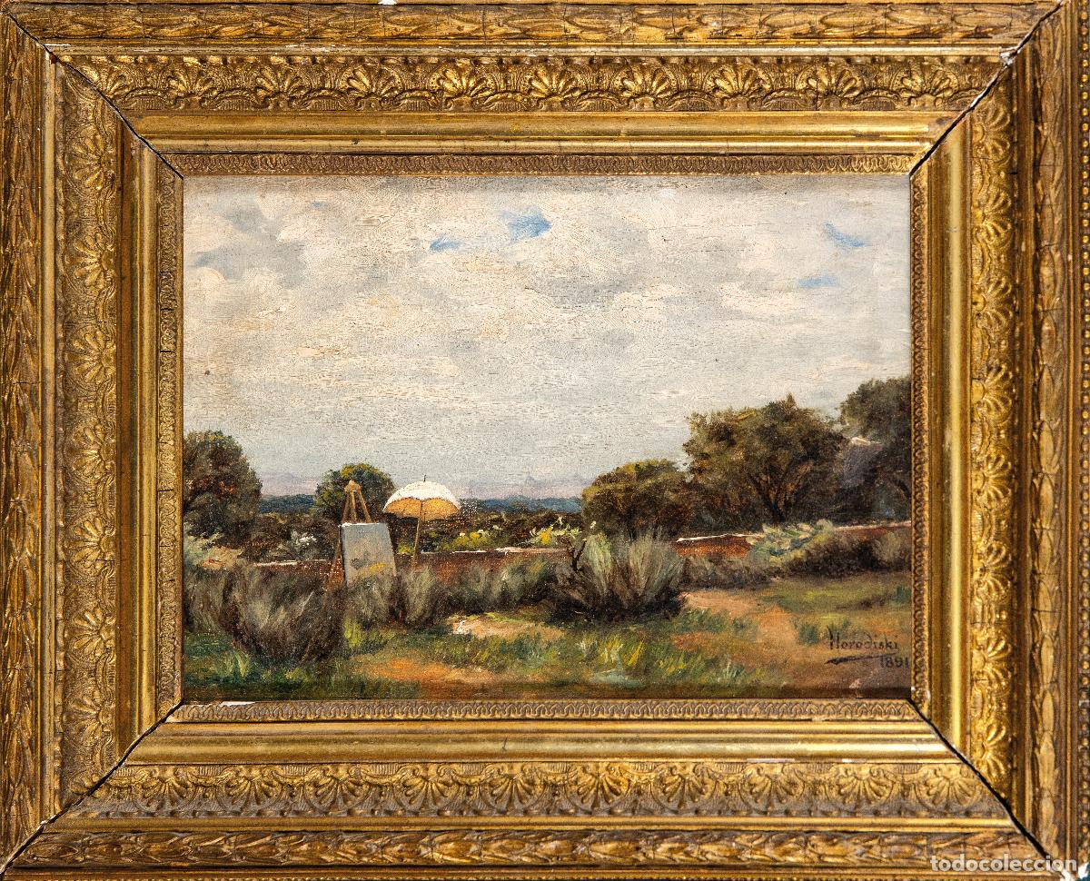 Arte: Paisaje con caballete de pintor &oacute;leo sobre lienzo Franciszek Horodyski firmado y fechado en 1891
