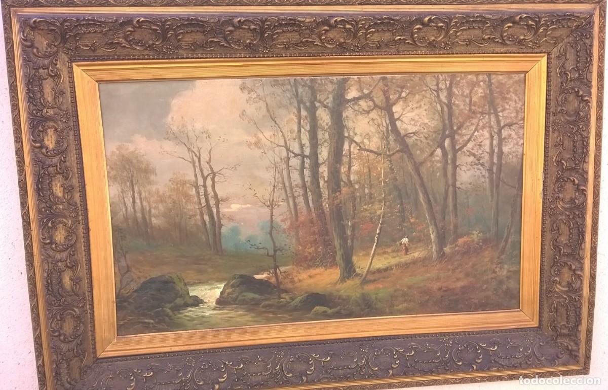 Arte: GRAN CUADRO PINTADO AL &Oacute;LEO. MAGN&Iacute;FICO MARCO. PAISAJE R&Iacute;O Y &Aacute;RBOLES