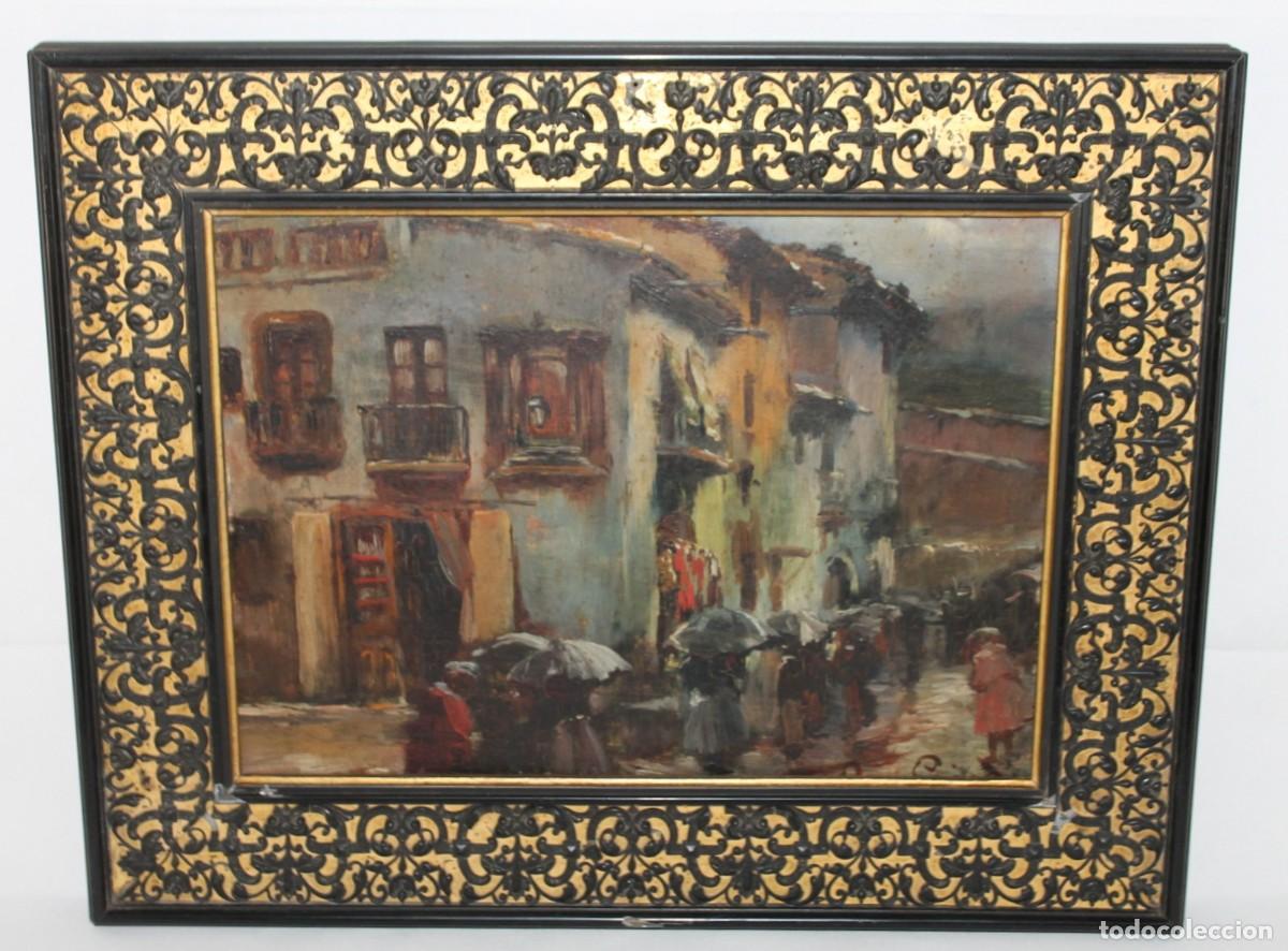 Arte: &Oacute;leo sobre t&aacute;blex. Escena urbana bajo la lluvia. Firmado R. Gaud&iacute;. Siglo XX