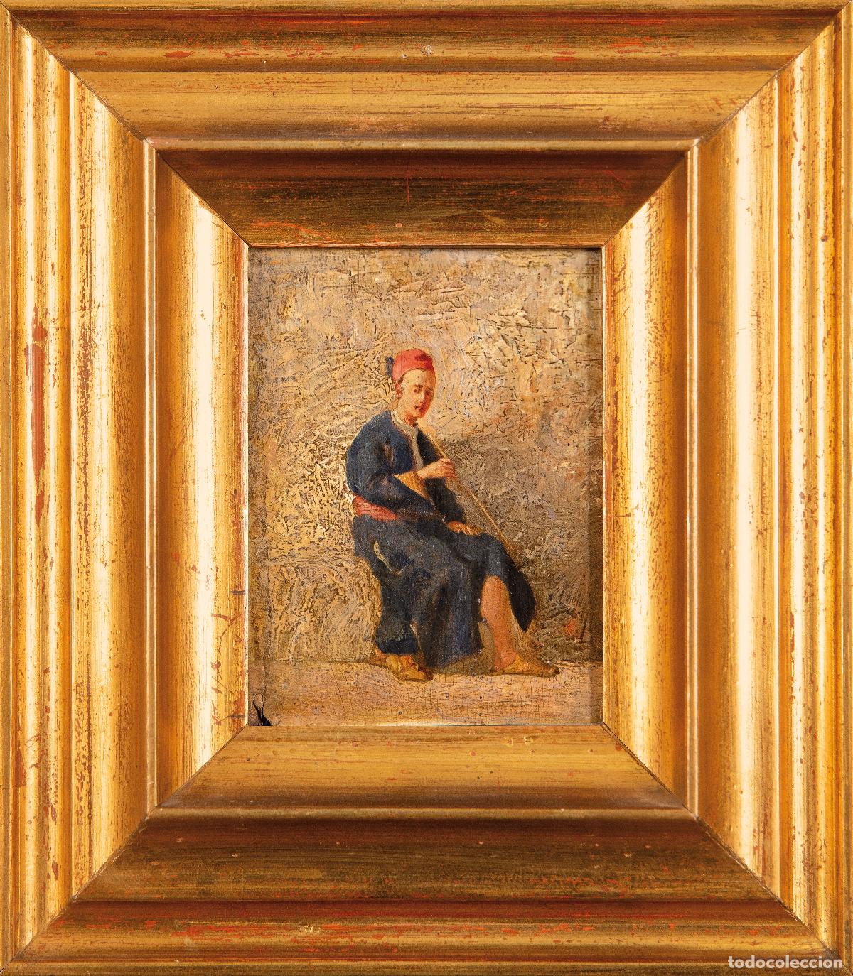 Arte: Retrato joven orientalista fumando en pipa &oacute;leo sobre tabla del siglo XIX