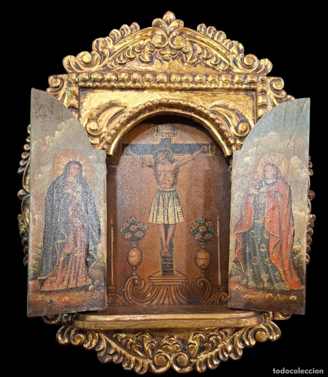 Arte: GRAN TRIPTICO EN MARCO DORADO CON 3 OLEOS ESTILO ESCUELA COLONIAL