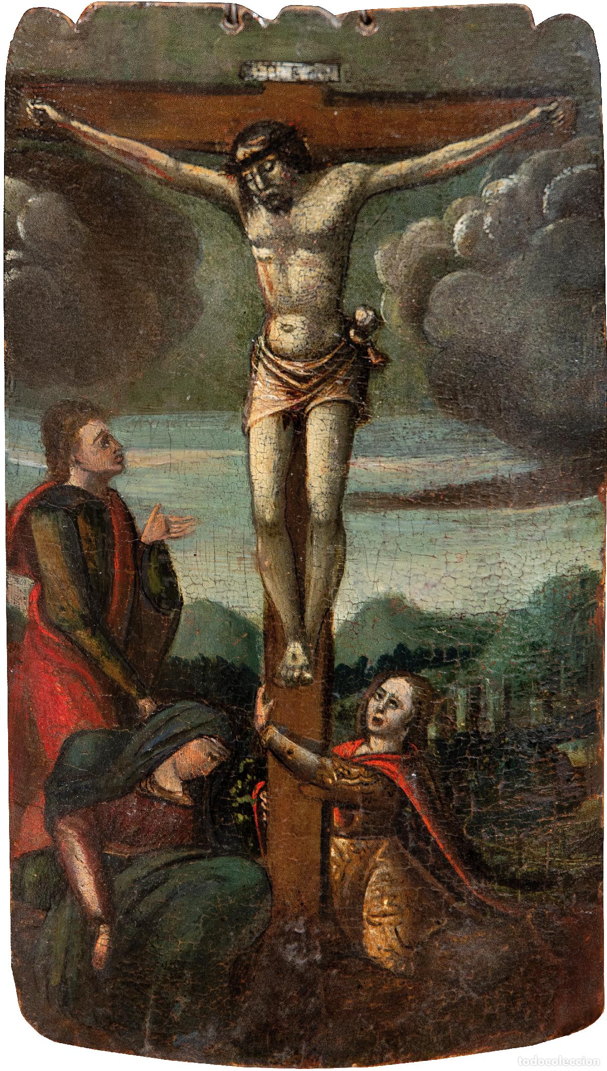 Arte: Calvario &oacute;leo sobre tabla escuela espa&ntilde;ola del siglo XVII
