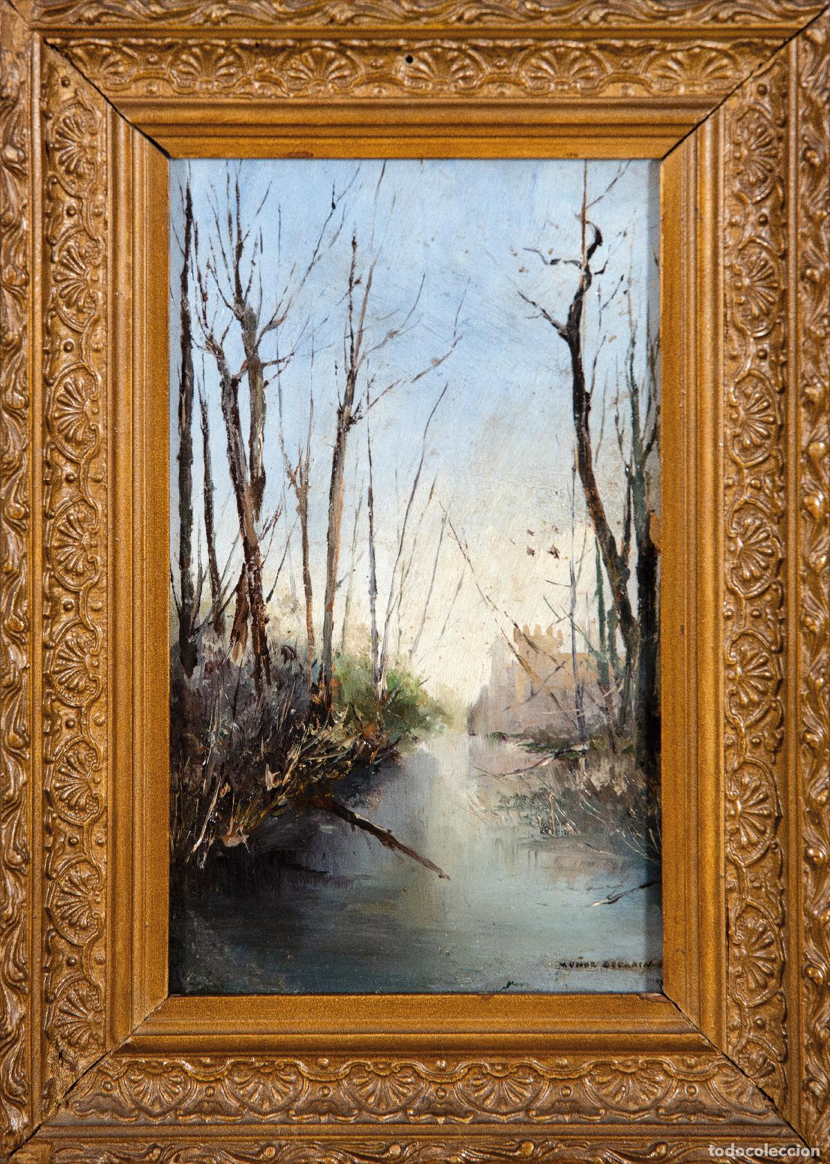Arte: Paisaje fluvial &oacute;leo sobre tabla Antonio Mu&ntilde;oz Degrain escuela valenciana del siglo XIX