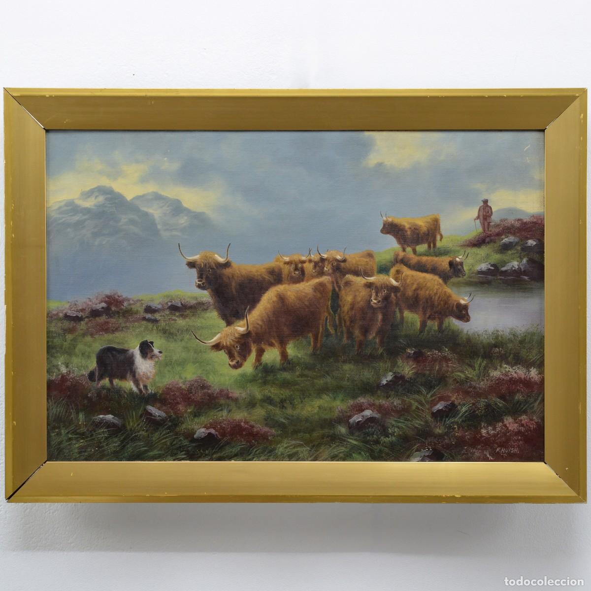 Arte: 19th Century Scottish Highland Cattle Loch Landscape Oil Painting Signed Huish