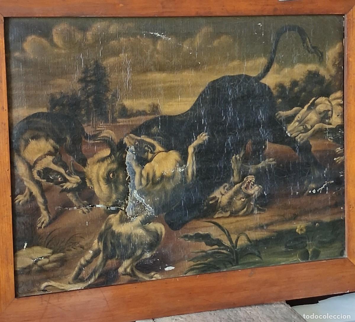 Kunst: Escuela Europea. Ataque a un toro oleo sobre lienzo