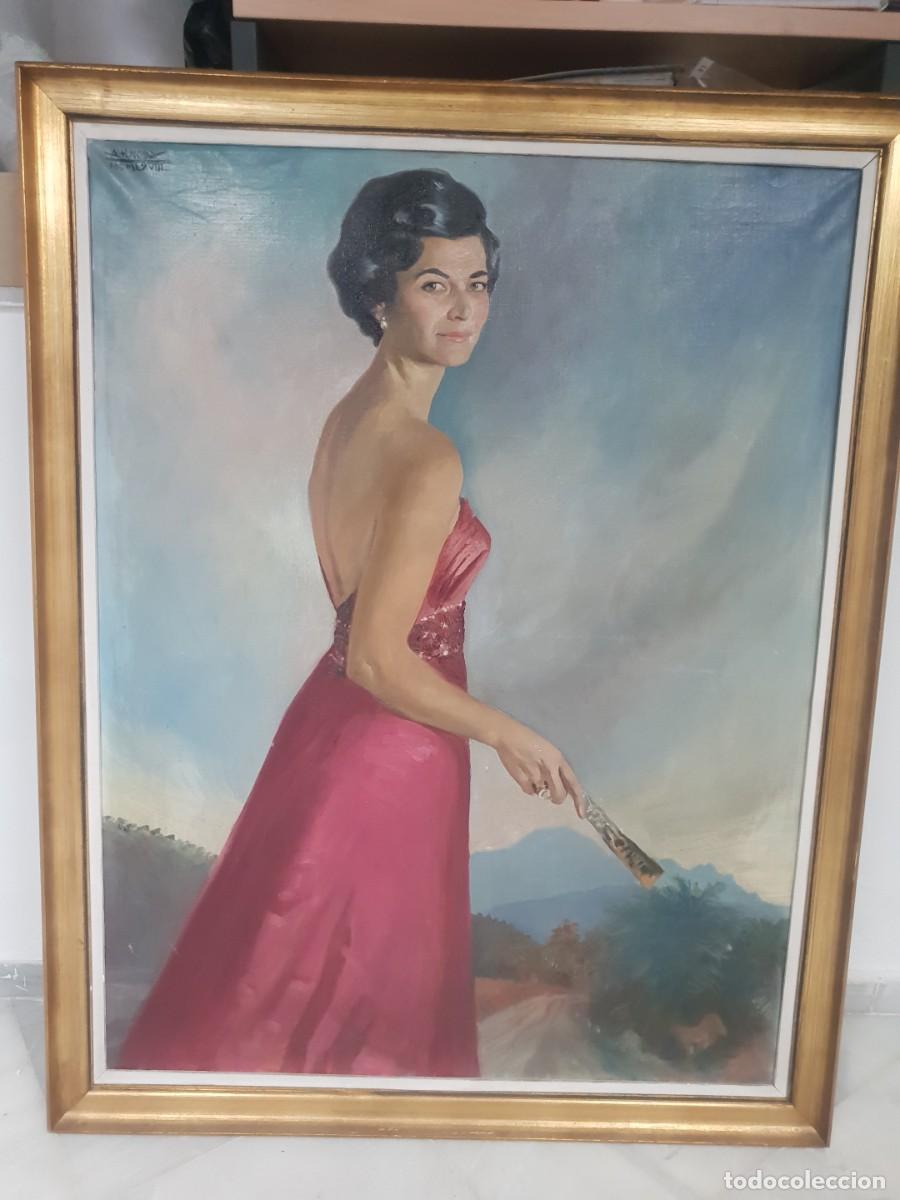 Arte: Oleo sobre lienzo siglo xx retrato mujer con abanico pintor . Alfonso Hern&aacute;ndez noda.