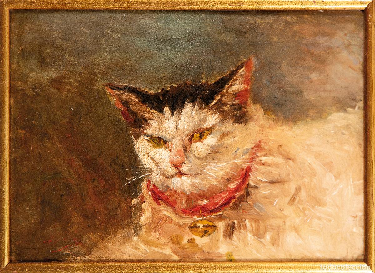 Arte: Gato &oacute;leo sobre tabla paisaje al reverso restos de firma atribuible a Domingo Marqu&eacute;s siglo XIX