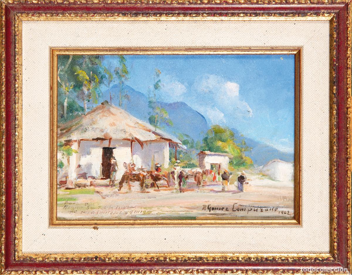 Arte: El mercado de ganado &oacute;leo sobre tablex Ricardo G&oacute;mez Campuzano dedicado y fechado en 1962