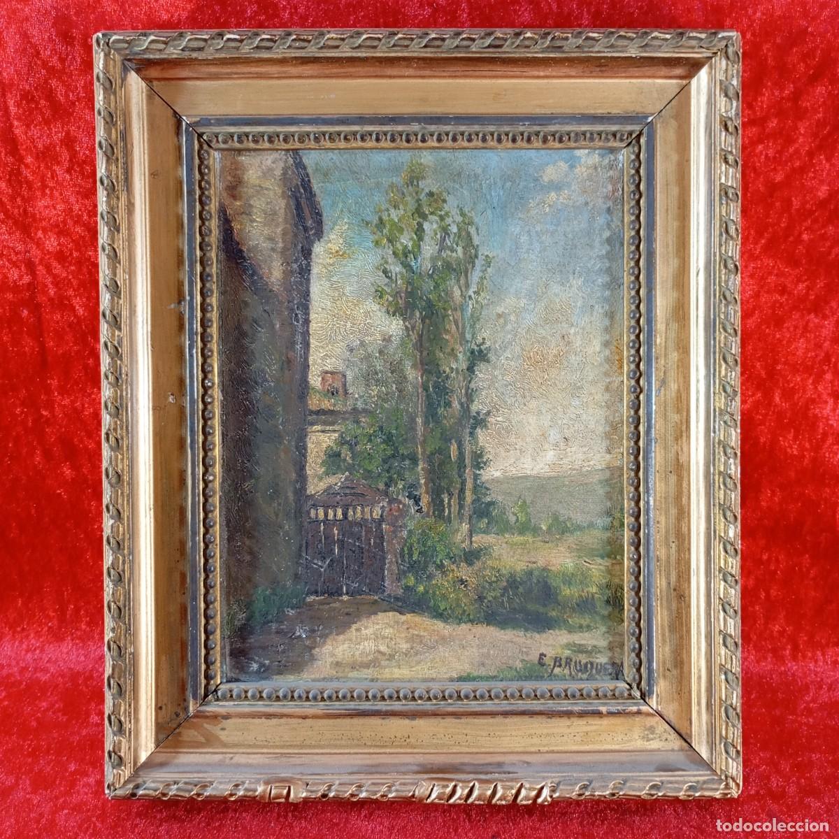Arte: PINTURA AL &Oacute;LEO SOBRE TABLA - PAISAJE RURAL - E. BRUGUERA - MARCO DE MADERA - 28 X 23,5 X 3 CM