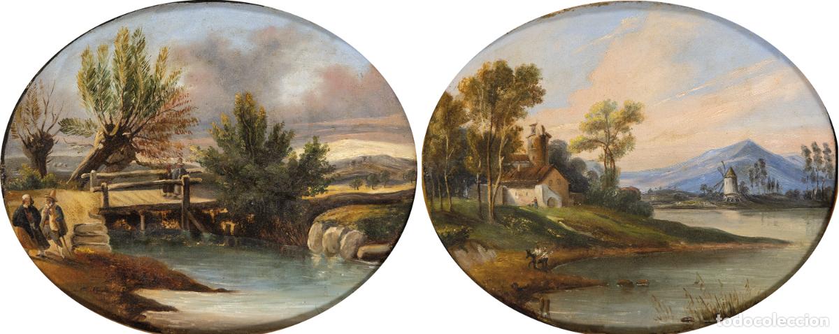 Arte: Pareja de paisajes rom&aacute;nticos &oacute;leos sobre chapa escuela francesa del siglo XIX