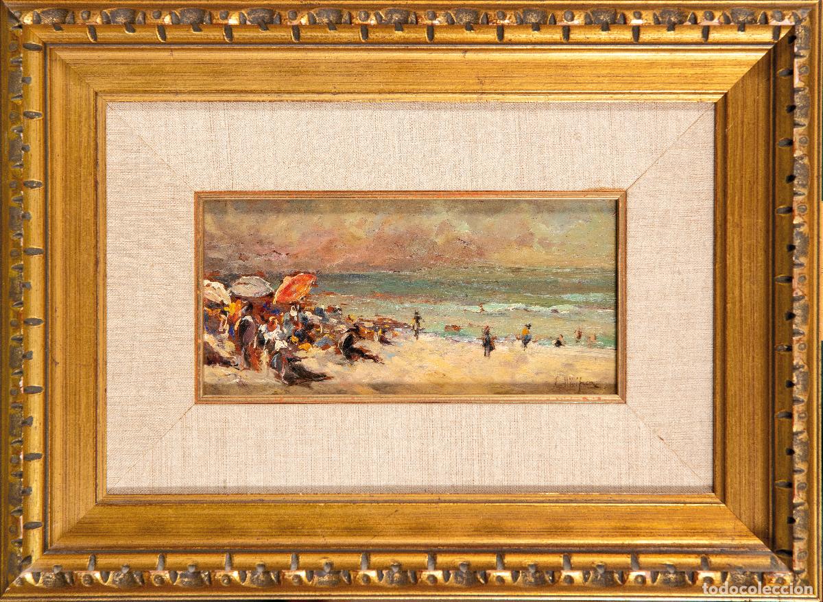 Arte: Dia de playa &oacute;leo sobre tabla Eliseo Meifr&eacute;n Roig firmado escuela espa&ntilde;ola del siglo XIX
