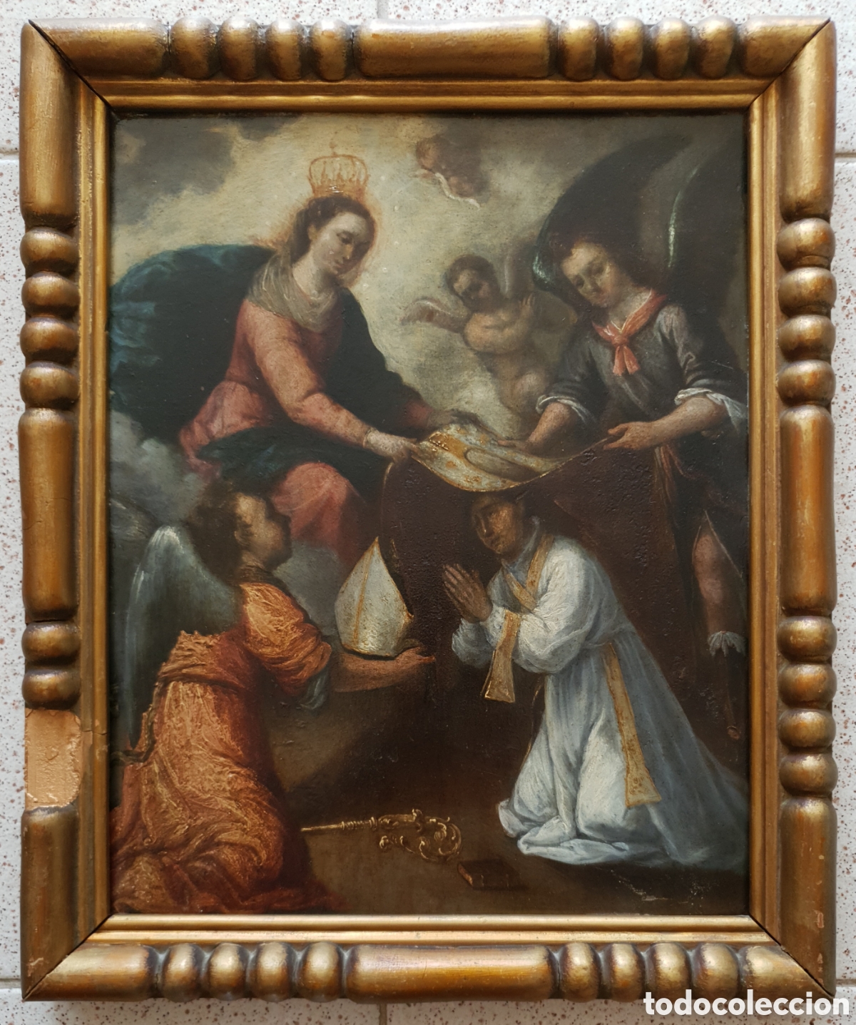 Arte: Escuela Espa&ntilde;ola (XVIII) - San Ildefonso Recibiendo la Casulla de la Virgen.Oleo/Cobre.An&oacute;nimo.