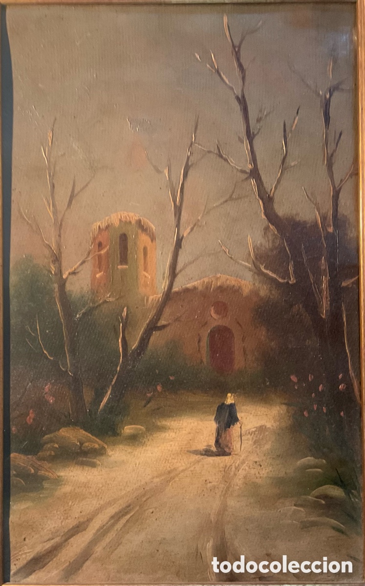 Arte: Andreu Sol&agrave; Vidal &ndash; Camino hacia la iglesia. &Oacute;leo sobre tabla, firmado. Paisaje rural catal&aacute;n