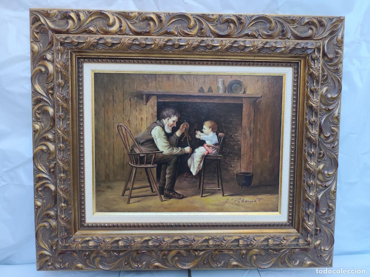 Arte: &Oacute;leo sobre tabla &mdash; Escena intimista J. Pibernat &mdash; marco barroco a&ntilde;os 60-70, obra de calidad acad&eacute;m