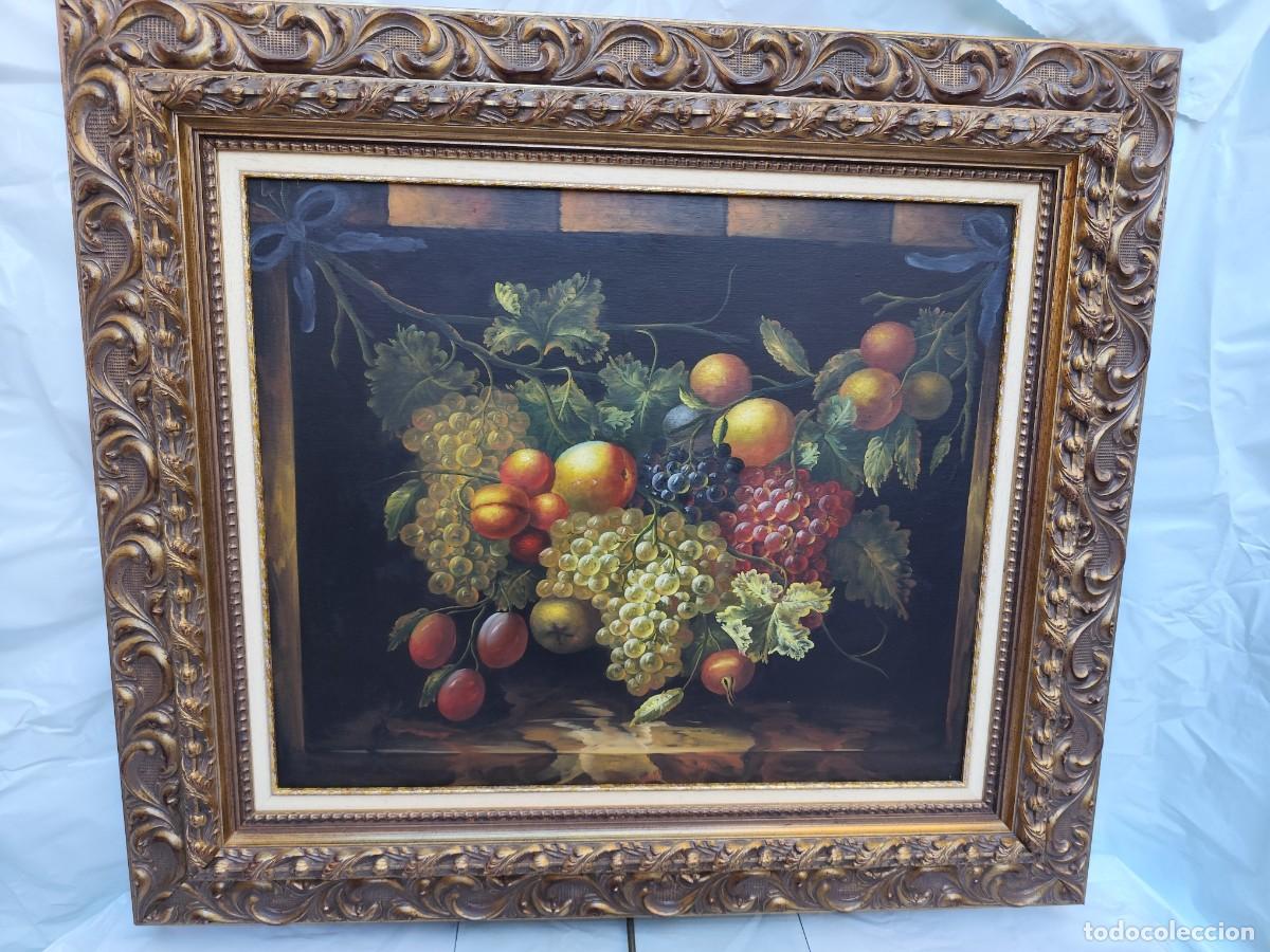 Arte: &Oacute;leo sobre lienzo &mdash; Bodeg&oacute;n de frutas y flores &mdash; Marco barroco dorado artesanal, a&ntilde;os 60-70