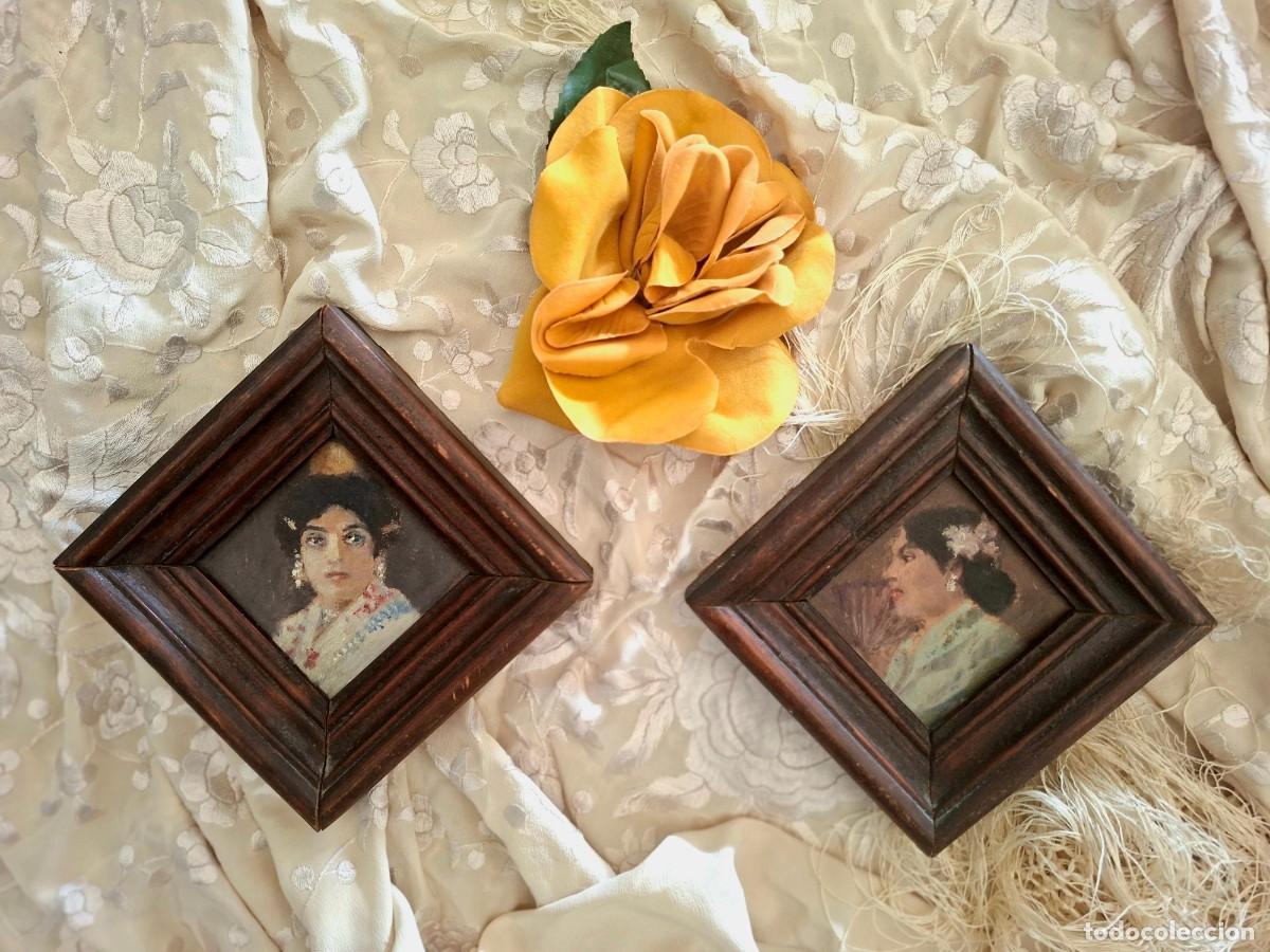 Arte: Pareja de retratos antiguos en miniatura. Cuadros Belle &Eacute;poque. Par&iacute;s, ca. 1900&ndash;1908. Decoraci&oacute;n