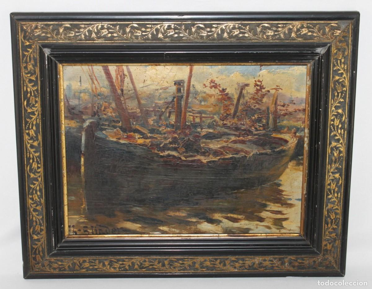 Arte: &Oacute;leo sobre t&aacute;blex. Puerto con embarcaciones pesqueras. Firmado J. H. Sfinder