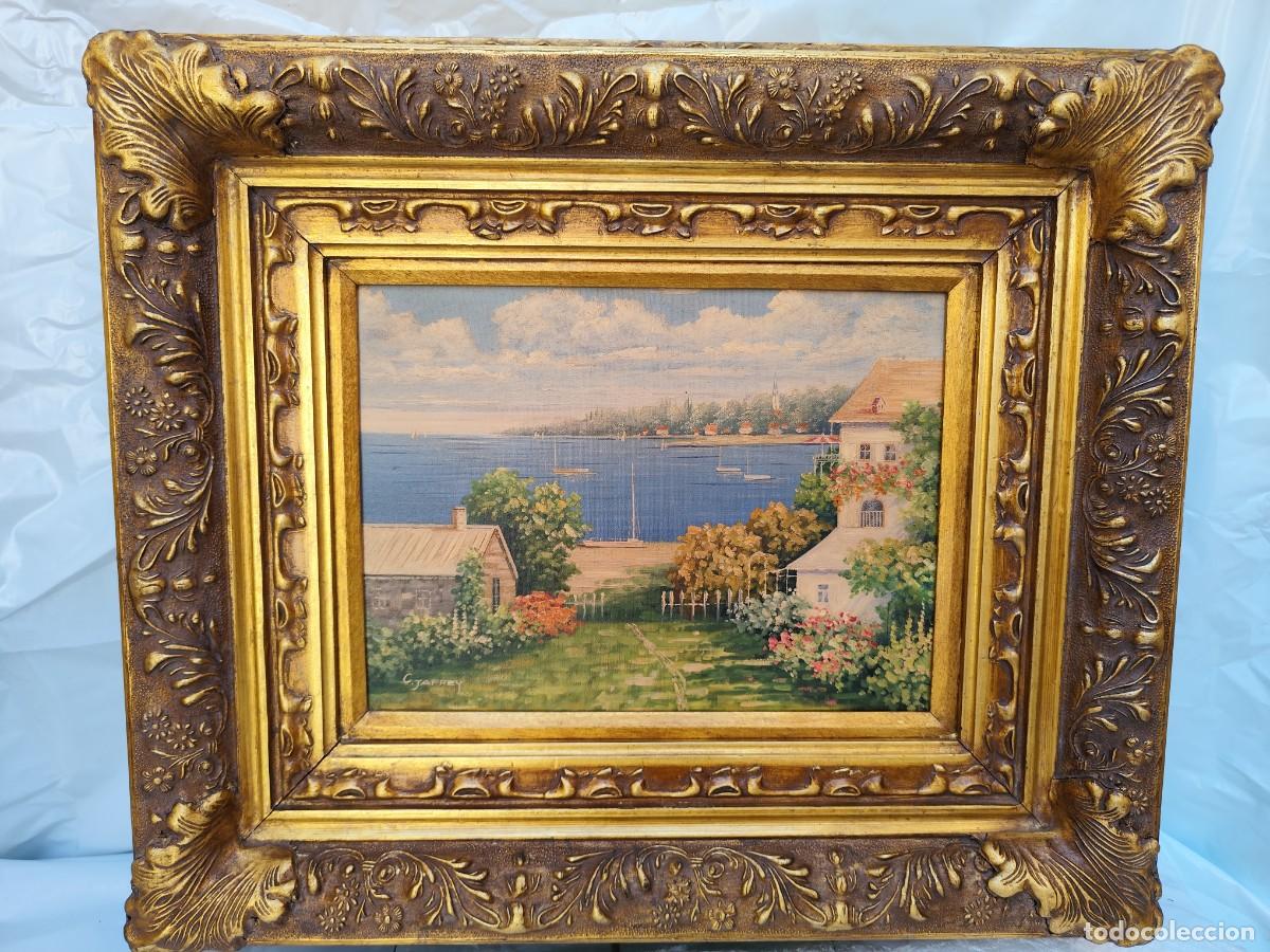 Arte: &Oacute;leo sobre lienzo &mdash; Firmado- C. Jaffey &mdash; Marco museo tallado a mano con incrustaciones mat&aacute;licas