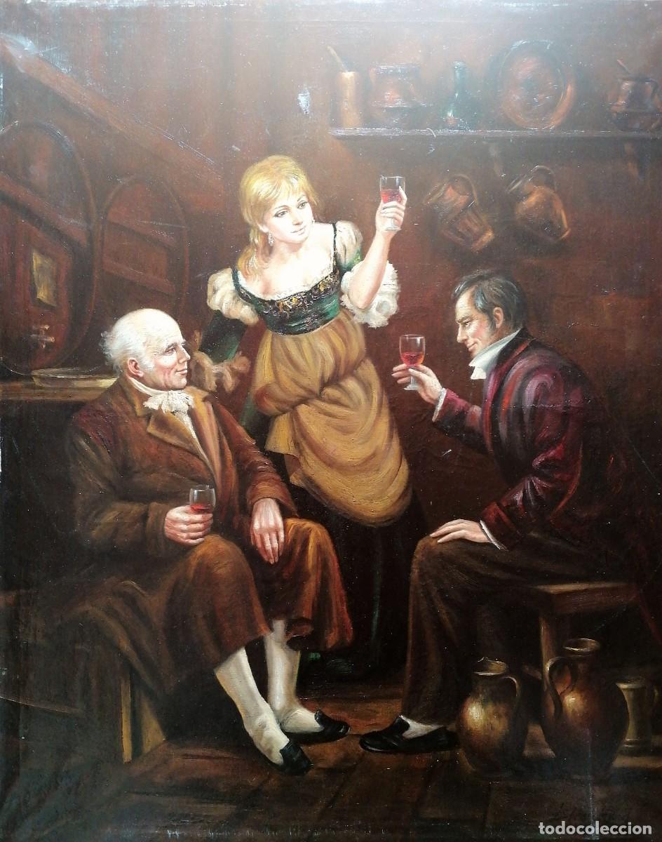 Arte: Escuela espa&ntilde;ola, &oacute;leo/lienzo 92 x 73 cm. Personajes en la taberna.