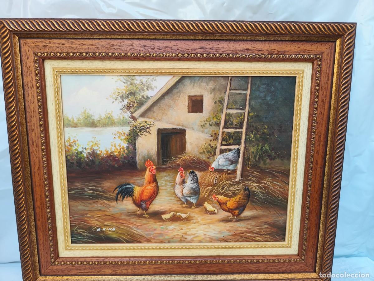 Arte: &Oacute;leo sobre lienzo &rdquo;Gallos en el corral&rdquo; &mdash; H. King, a&ntilde;os 80-90