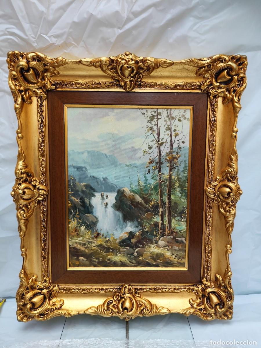 Arte: &Oacute;leo original sobre lienzo &rdquo;Cascada en el bosque&rdquo; &mdash; Marco rococ&oacute; dorado de taller, a&ntilde;os 80-90