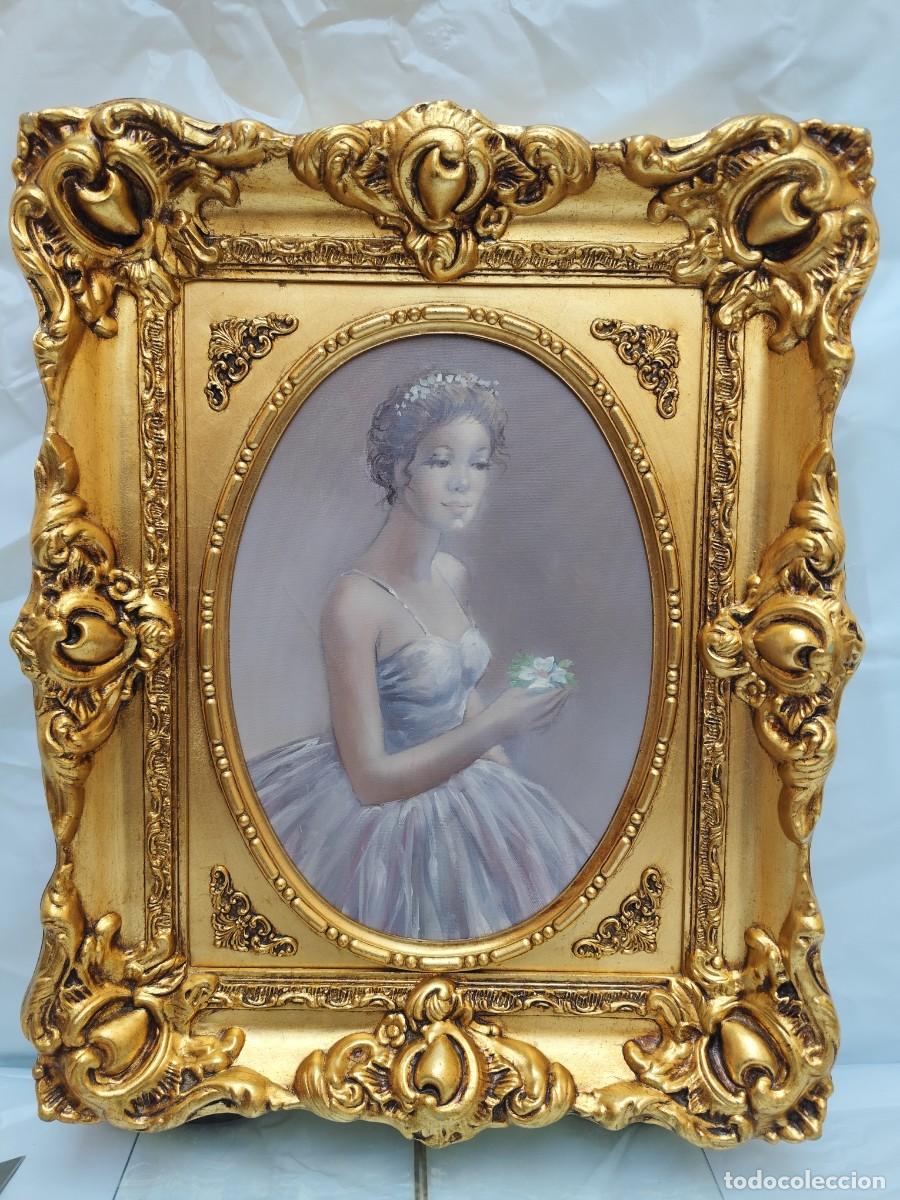 Arte: &Oacute;leo sobre tabla &rdquo;La joven bailarina&rdquo; &mdash; Retrato ovalado en marco rococ&oacute; dorado, finales a&ntilde;os 80-90