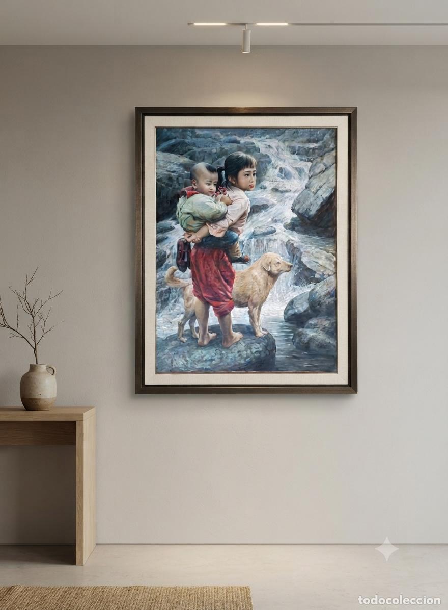 Art: Original familia china con perro. Pintura realista. &Oacute;leo sobre tela.