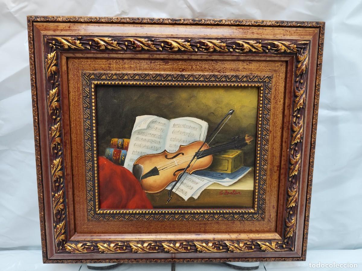 Arte: Pareja de bodegones al &oacute;leo sobre lienzo, &rdquo;tema &mdash; Viol&iacute;n&rdquo;, &mdash; Marcos a juego a&ntilde;os 80.