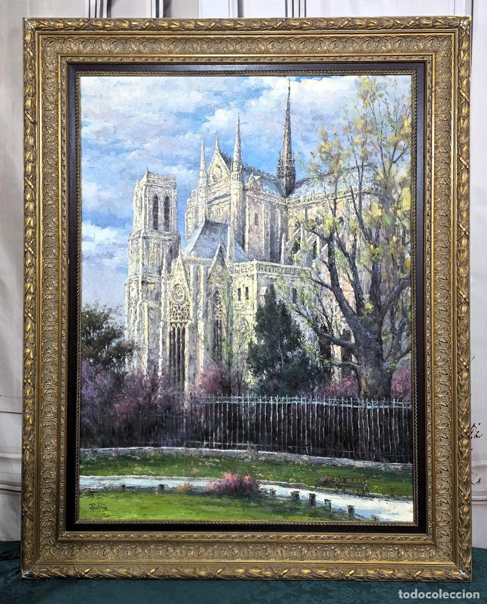 Arte: Oleo sobre lienzo representa la Catedral de Notre Dame en Par&iacute;s y est&aacute; enmarcada en un marco dorado