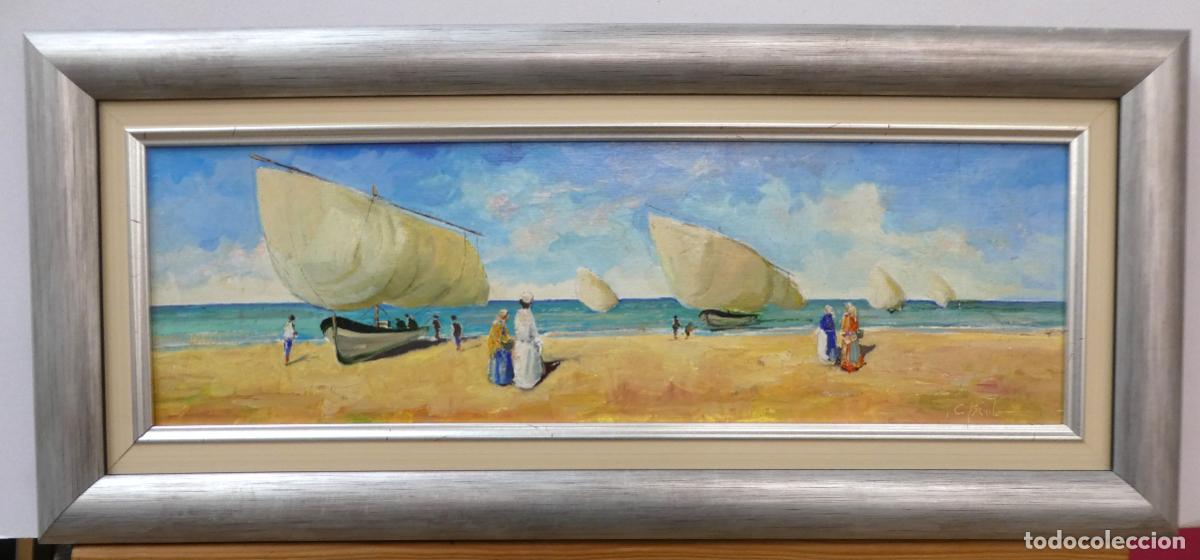 Arte: Bonito oleo con marco firmado C. Benito, el oleo mide 50X16 cm y 61X27 cm con el marco
