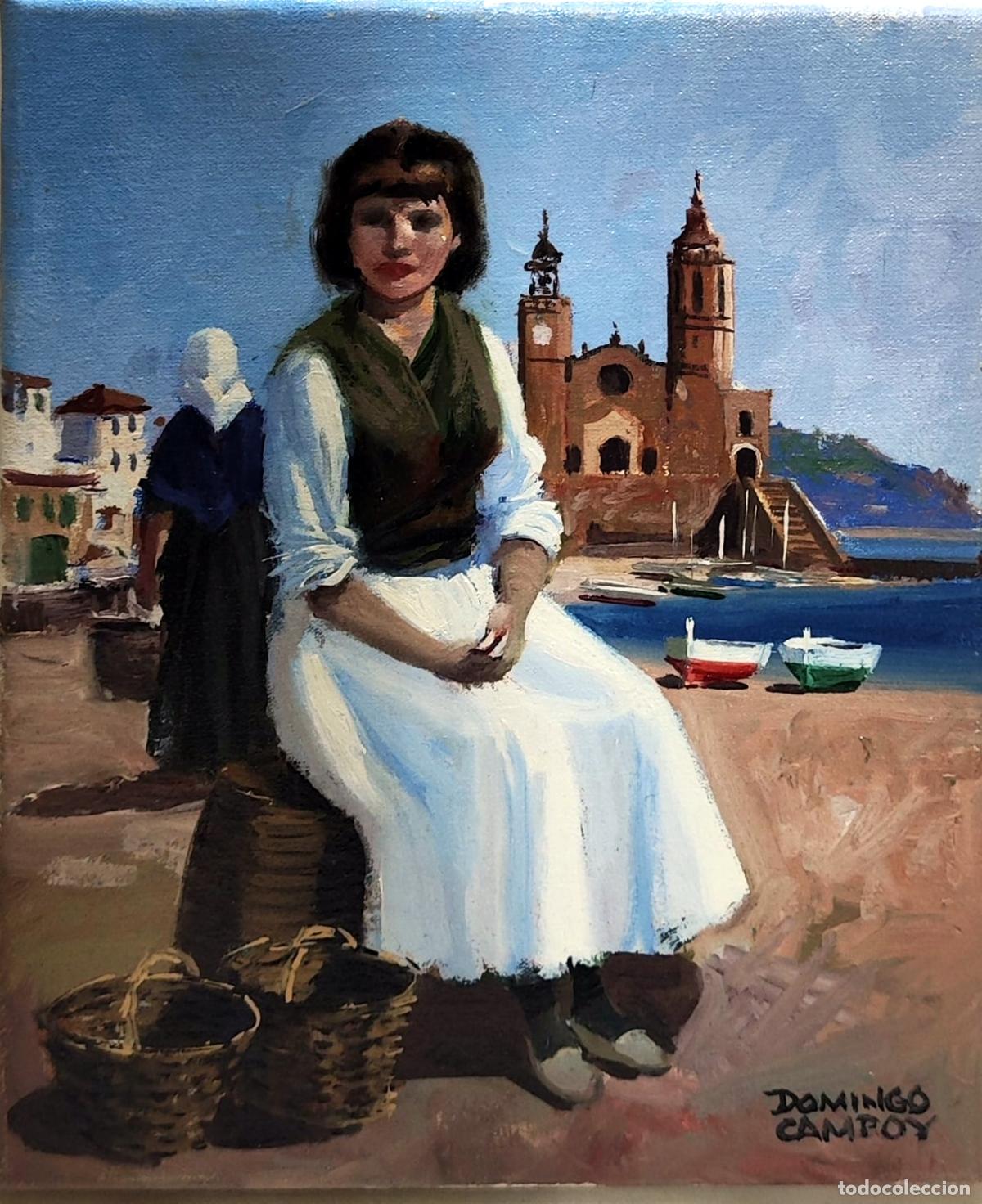 Arte: &Oacute;leo sobre lienzo. Retrato femenino con paisaje urbano de fondo. Sin firma visible