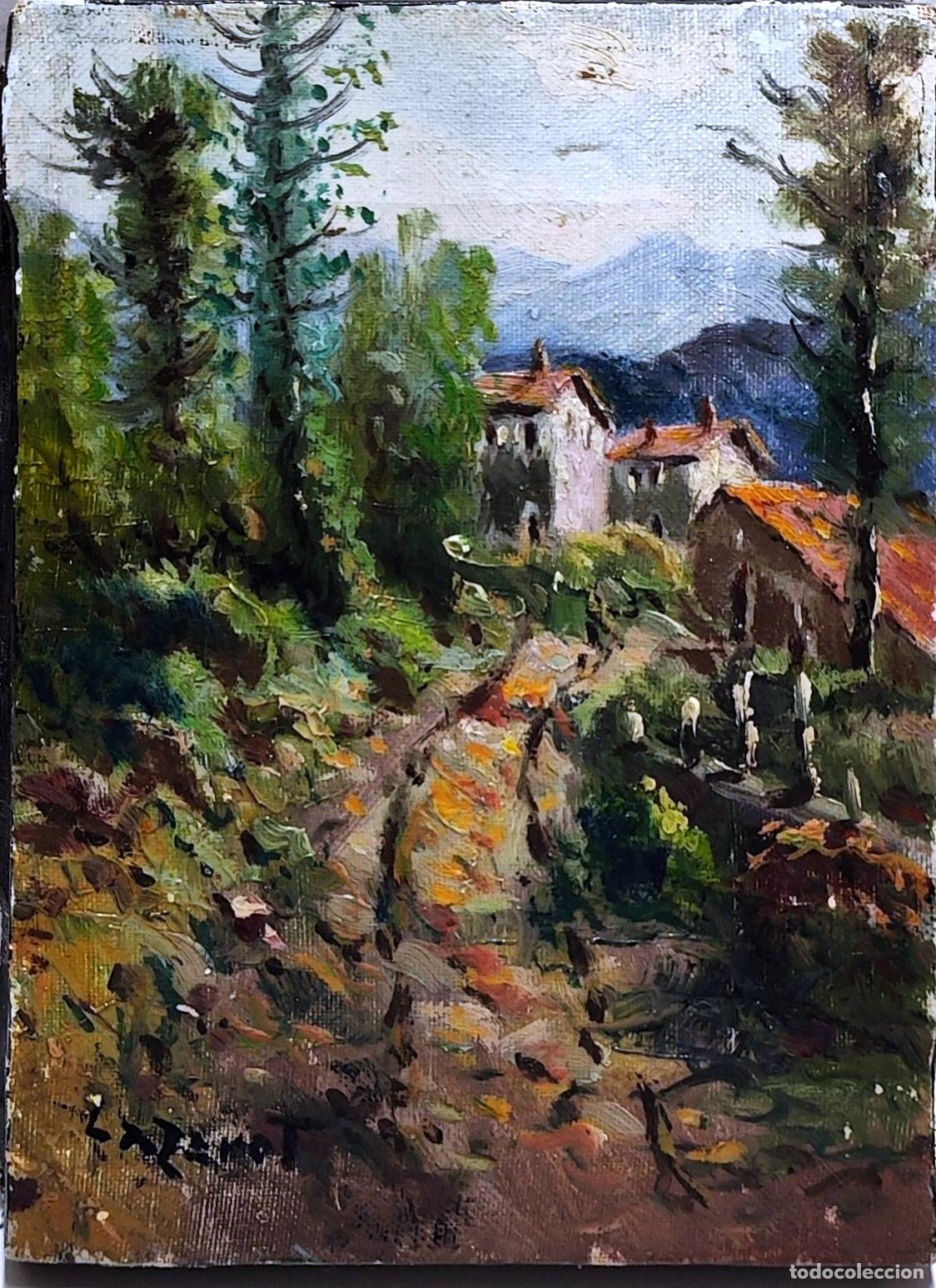 Arte: &Oacute;leo sobre lienzo. Paisaje rural. Lazzaroti. 16 x 22 cm