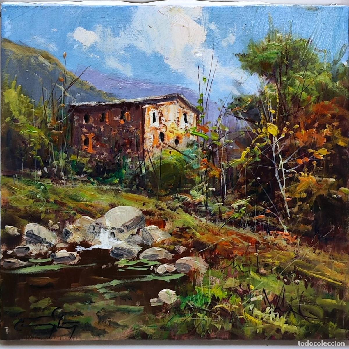 Arte: &Oacute;leo sobre tabla. Paisaje con ruina y r&iacute;o. Ricardo Soler Gonz&aacute;lez. 20x20 cm