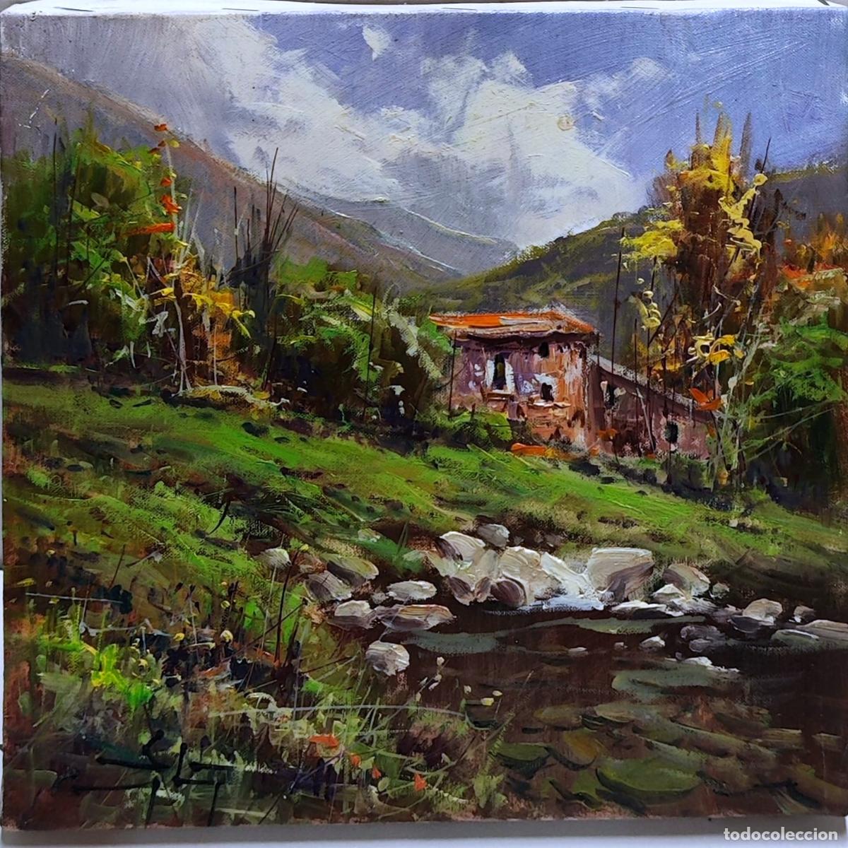 Arte: &Oacute;leo sobre lienzo. Paisaje con cascada. Ricardo Soler Gonz&aacute;lez. 20x20 cm