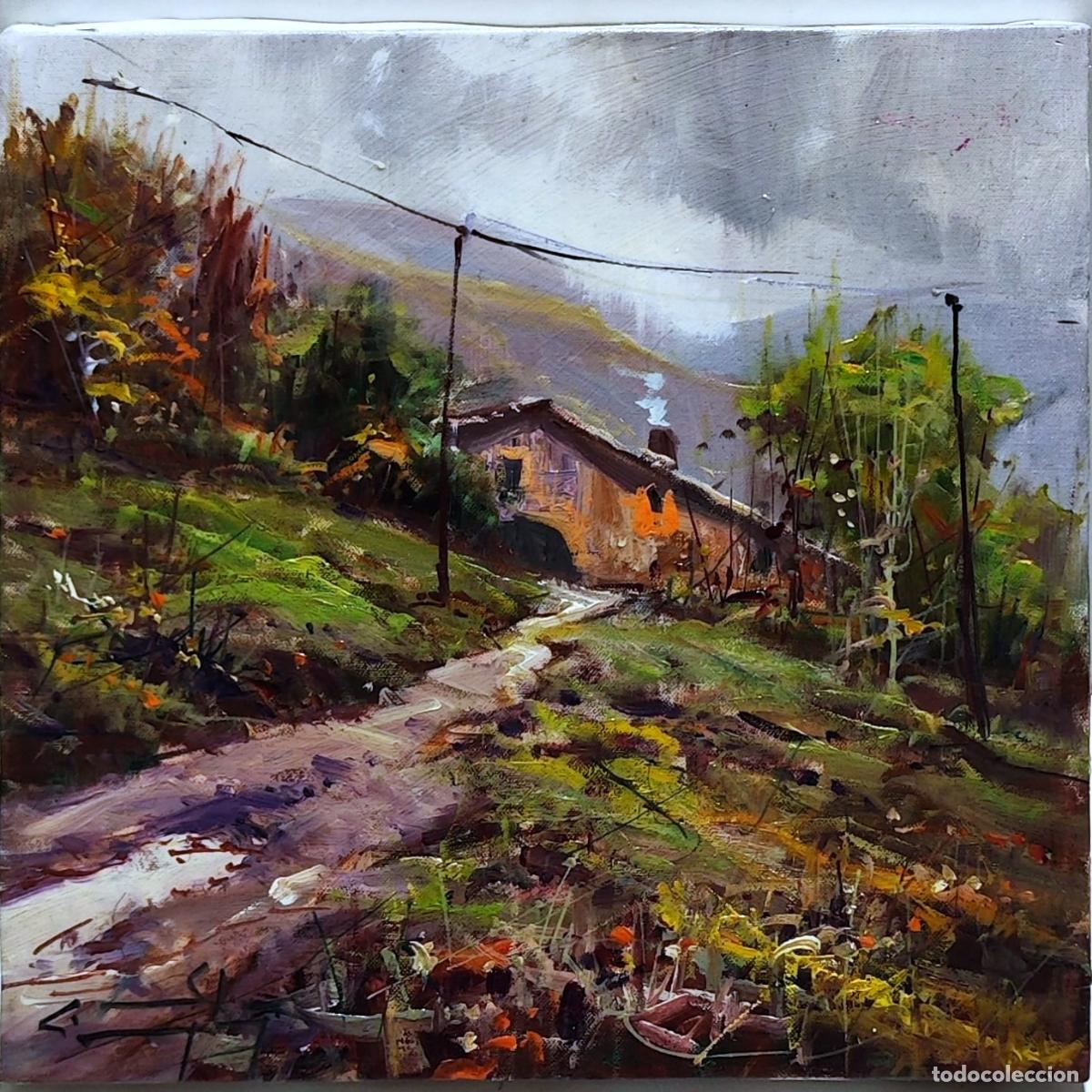 Arte: &Oacute;leo. Paisaje rural con casa. Ricardo Soler Gonz&aacute;lez. 20x20 cm