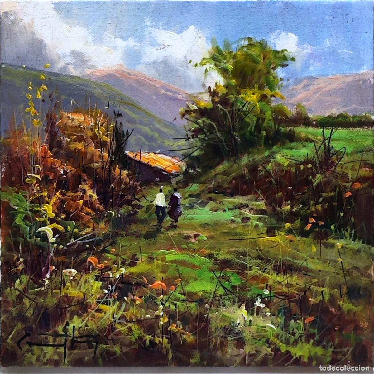 Arte: &Oacute;leo sobre tabla. Paisaje campestre. Ricardo Soler Gonz&aacute;lez. 20x20 cm