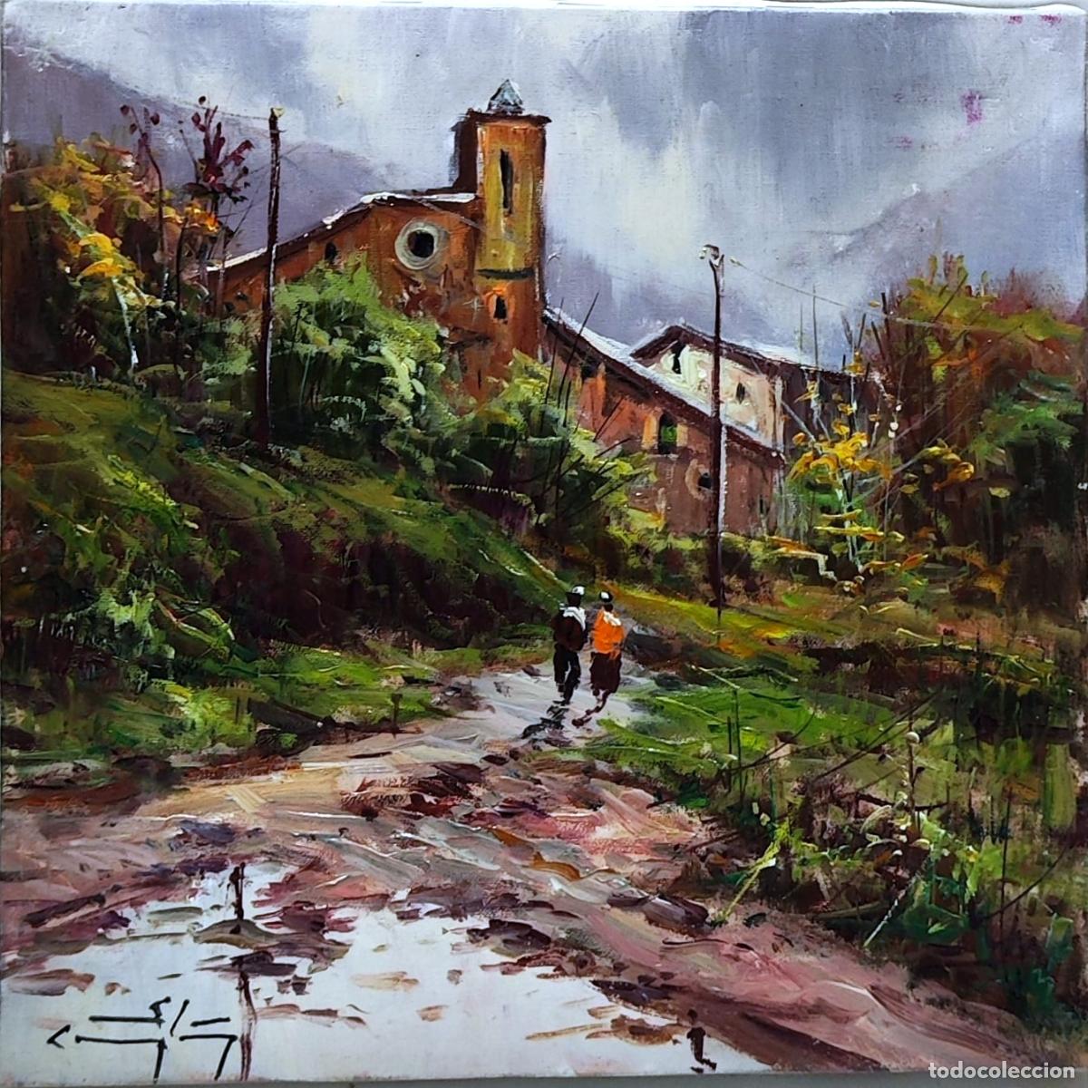 Arte: &Oacute;leo de Ricardo Soler Gonz&aacute;lez. Paisaje rural con ciclistas. 20x20 cm