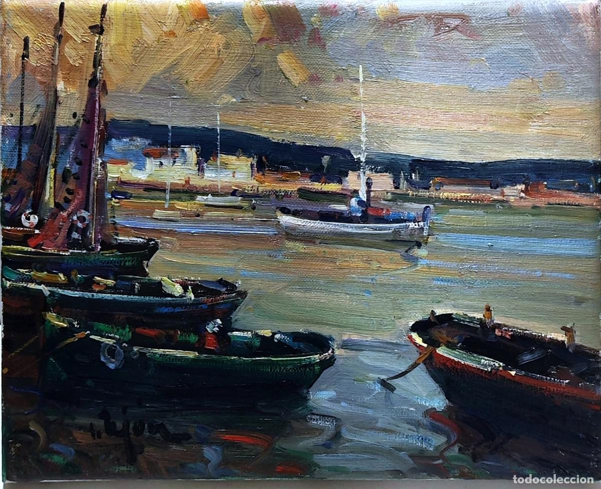 Arte: &Oacute;leo sobre lienzo. Barcos en puerto. Ignacio Tejon. 27 x 22 cm