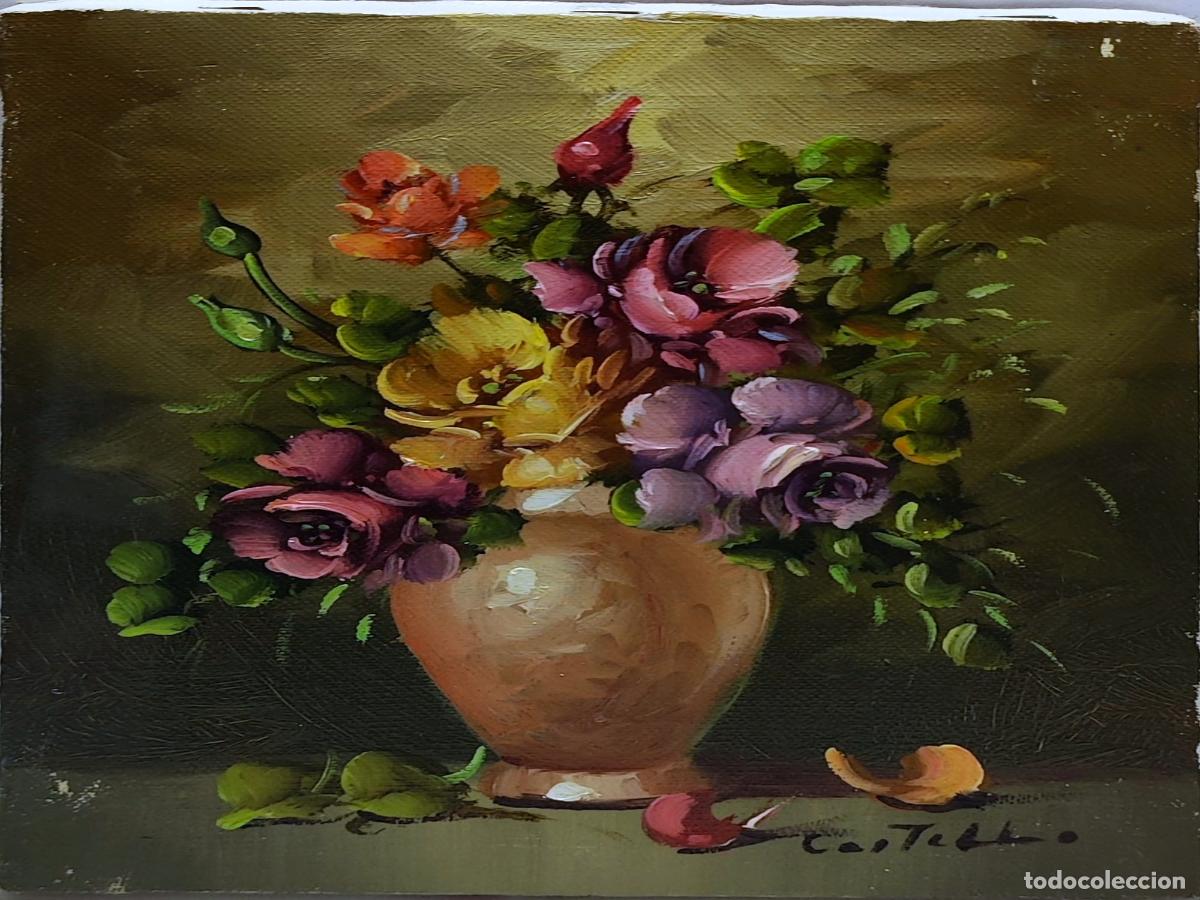 Arte: &Oacute;leo sobre tabla. Naturaleza muerta con flores. Castillo. 24 x 18 cm