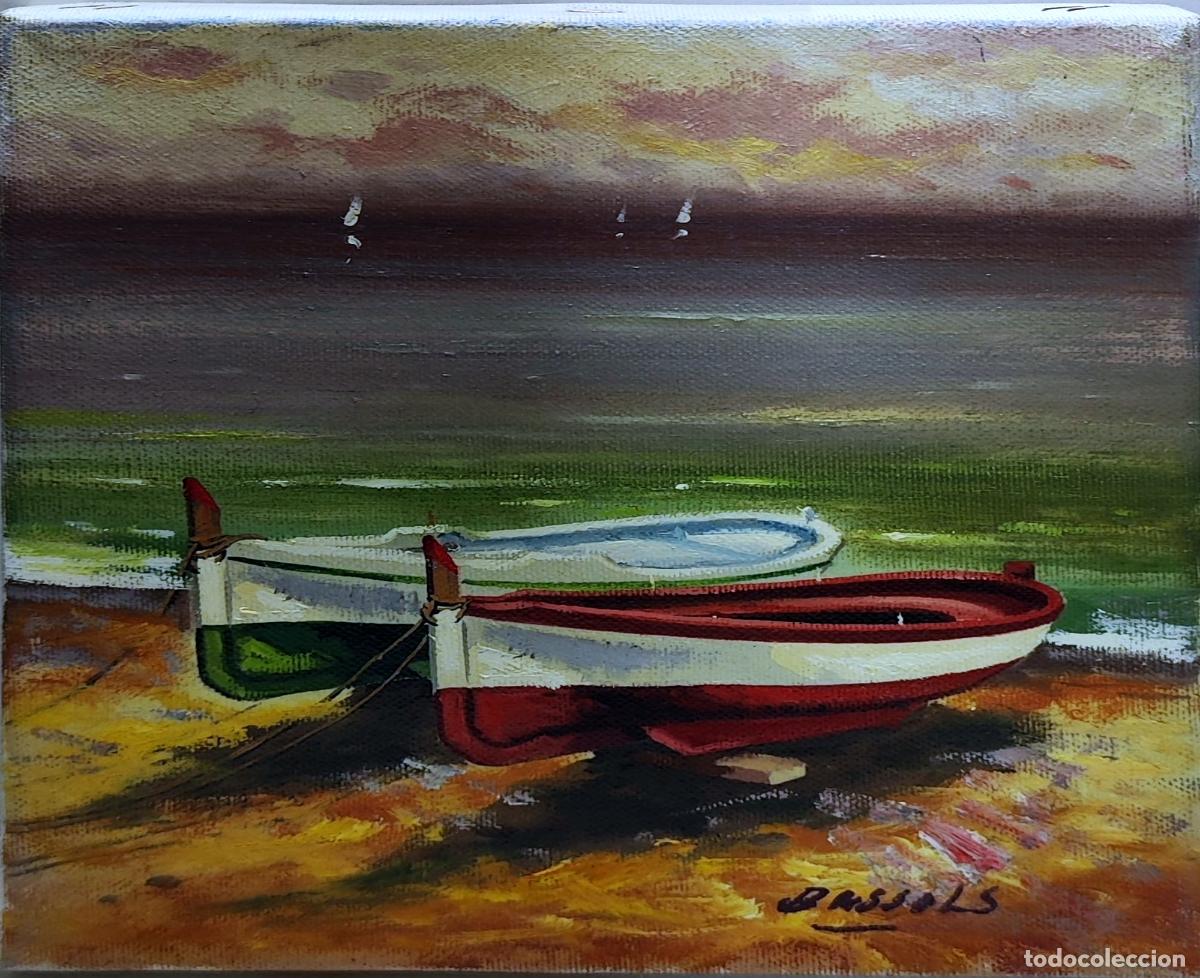 Arte: &Oacute;leo de Salvador P&eacute;rez Bassols. Barcas en la playa. 27 x 22 cm