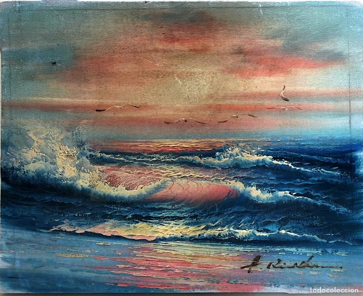 Arte: T&eacute;cnica mixta. Mar y aves. Escuela Holandesa s. XX. 27 x 22 cm