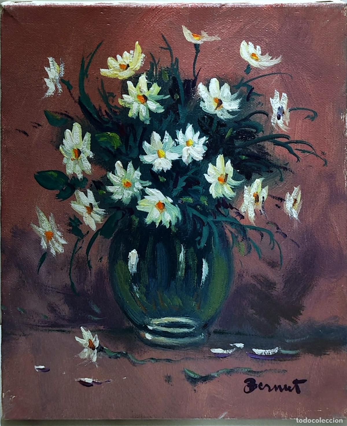 Arte: &Oacute;leo sobre lienzo. Flores en jarr&oacute;n. Firmado Bernet.