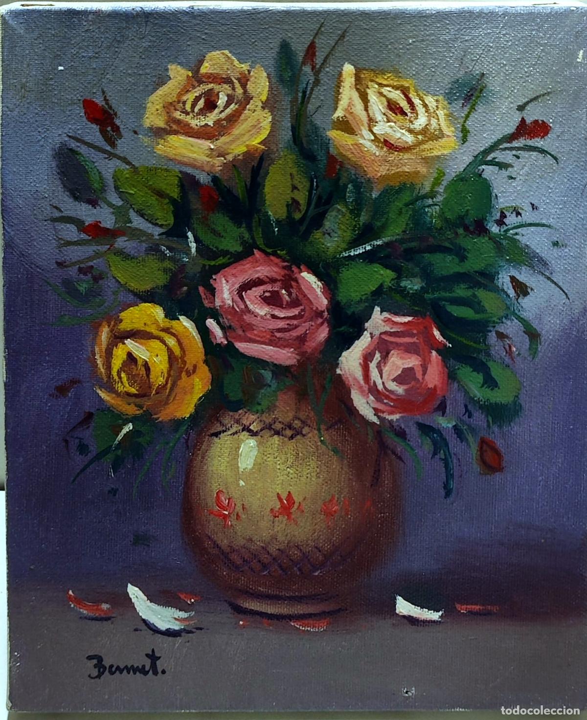 Arte: &Oacute;leo sobre tabla. BERNET. Ramo de rosas. 22 x 27 cm
