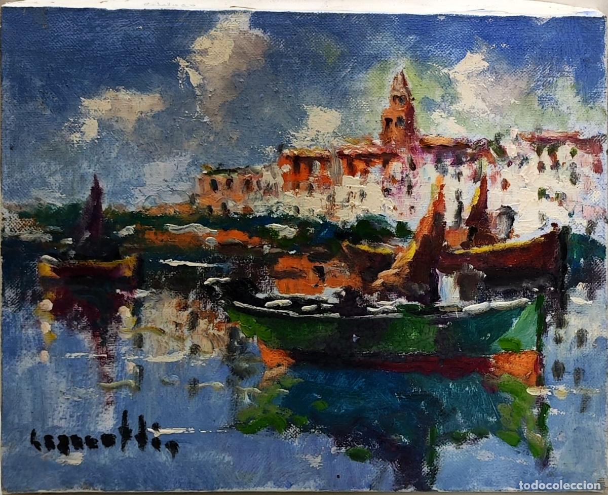 Arte: &Oacute;leo de Lazzaroti. Paisaje mar&iacute;timo con embarcaciones. 27 x 22 cm